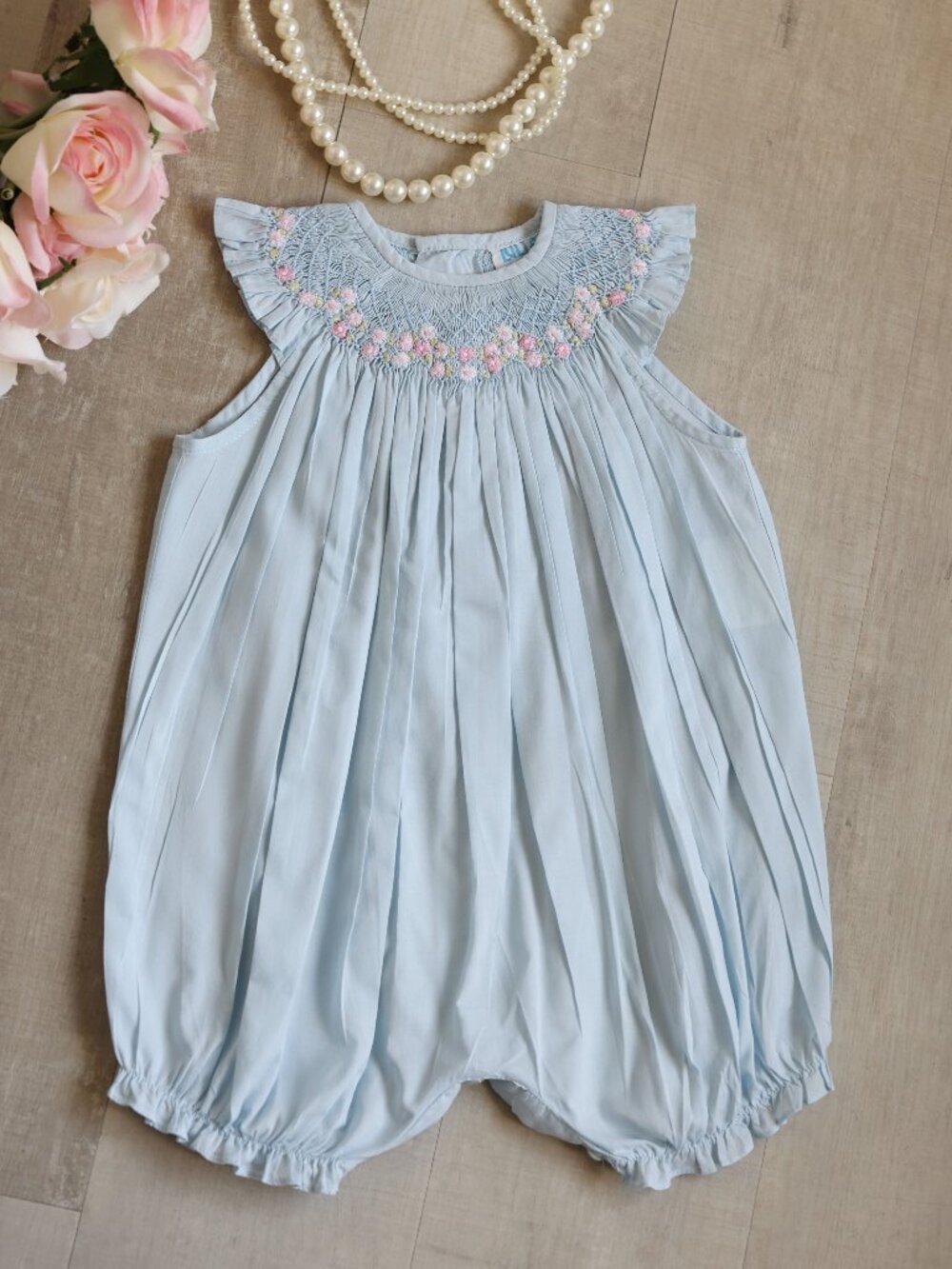 Blue Smocked Embroidered Romper Flutter Sleeve Luli & Me Size 6 Months Like New